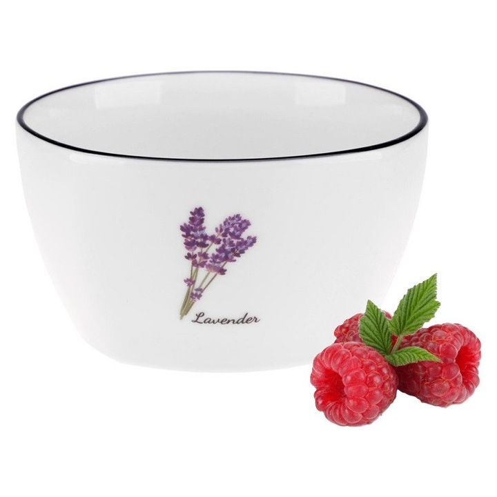 RAVI PROWANSJA LAVENDER porcelán tál, 350 ml, fehér levendula virágmintával, 6,5x11,8cm