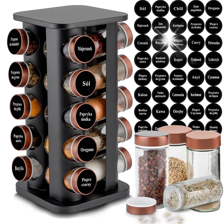 Suport rotativ pentru condimente TODOMI, 21 elemente, 20 borcanele cu capac roz, dimensiuni 16x16x34cm