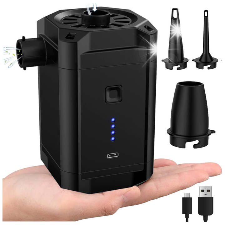 Pompa electrica de umflat Trizand, actionare cu acumulator USB-C, 3 capete incluse, neagra, 13x9,2x7,5cm