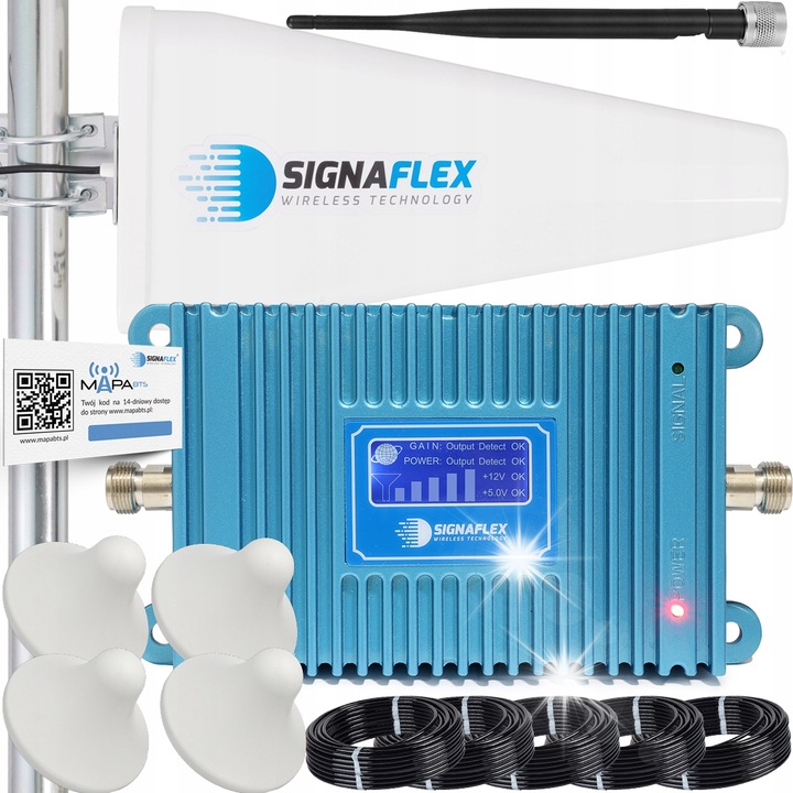 Комплект усилвател на GSM сигнал Signaflex, насочена антена T1 20 dBi, 4 вътрешни антени 8 dBi, 400 м, син
