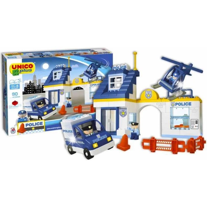 Set de constructie UNICO, post de politie, 80 elemente, 3 politisti, elicopter, Made in Italy