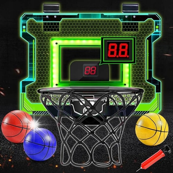 Set mini cos de baschet cu tablou electronic, VATOS, cu 3 mingi, iluminare LED, pentru usi