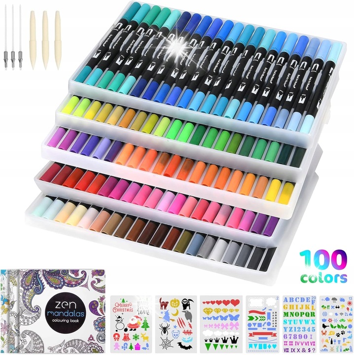 Set carioci colorate Vicloon, 100 culori, cu capete interschimbabile, grosime 1-2 mm si 0,4 mm, non-toxic
