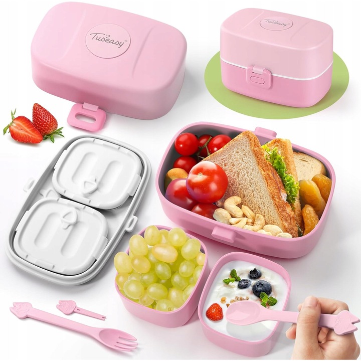 Cutie alimentara Tuseasy, set 2 produse, 860ml, roz, 3-12 ani