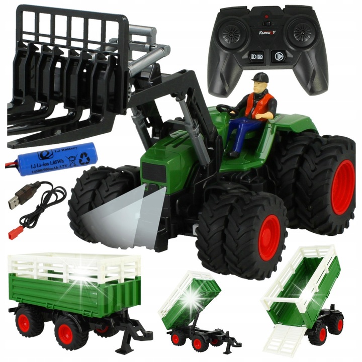 Трактор селскостопански RC с двойни гуми и ремарке, Stator, 1:24, 59см, LED, за деца 3+
