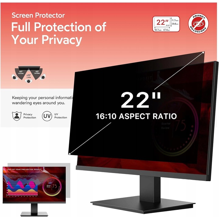Filtru de confidentialitate pentru monitor 22 inch 16:10 BERSEM 474x296 mm negru, protectie vizuala laterala 28°, reducere lumina albastra si radiatii UV
