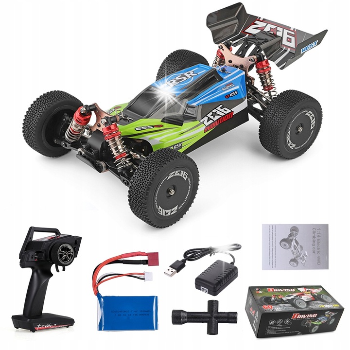 Masina RC WL Toys 144001 4x4 1:14, verde-albastru, dimensiuni 31x20,5x11cm, set complet cu controler si accesorii
