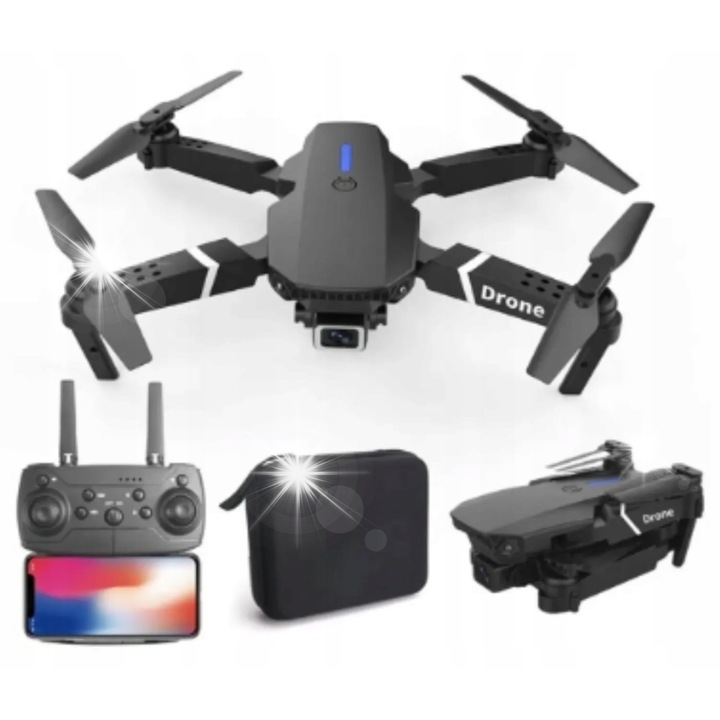Drona XPart E88 cu camera WiFi HD, zbor la distanta 350m, neagra
