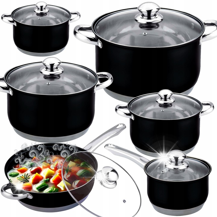 Set oale din inox 12 piese, TODOMI, inductie/gaz, 4 oale cu capac, tigaie, cratita, 24x24cm, 20x20cm, 18x18cm, 16x16cm, 16x16cm