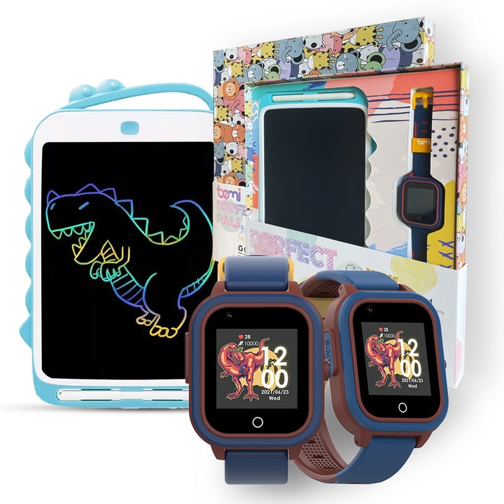 Set smartwatch pentru copii Bemi Linki 4G/LTE cu GPS si senzor de temperatura, cu tableta zinkopis Bemi Doodle 10", albastru