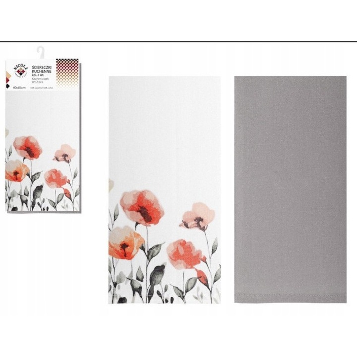 2 db pamut konyharuha szett, Ravi, 40x60cm, szürke virágokkal