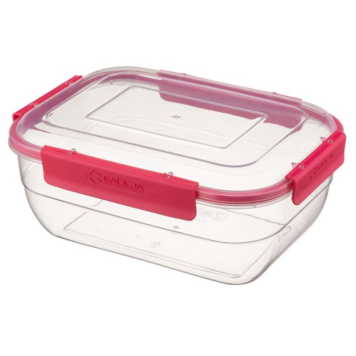 Cutie alimentara rectangulara VIVO 1,32 l transparenta cu cleme corale, dimensiuni 20x14,5x8cm