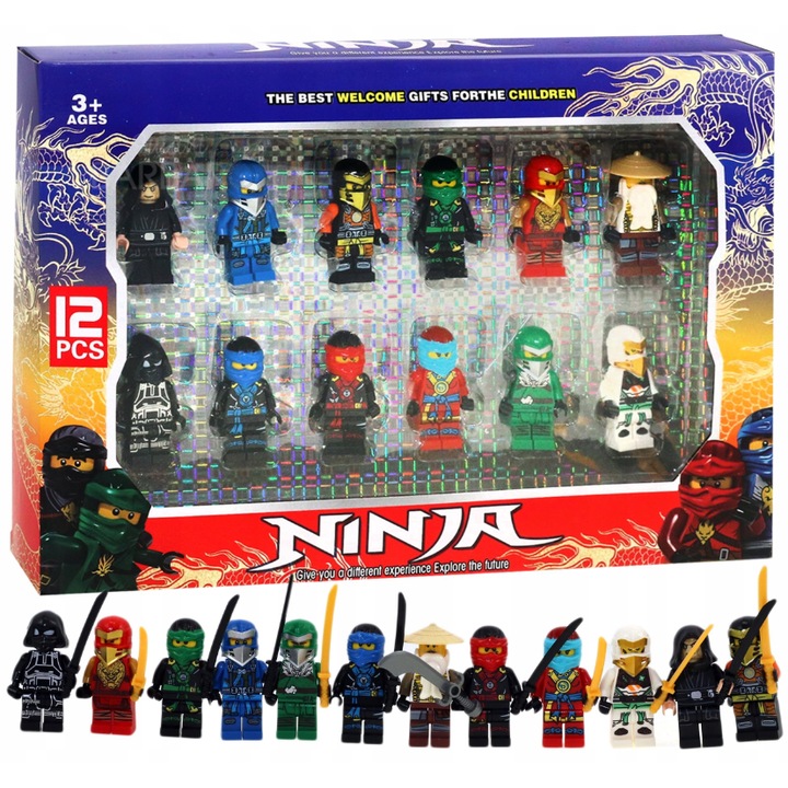 Set 12 figurine NINJA Warriors, LuxAndra, multicolor, 5cm, cu accesorii de luptă