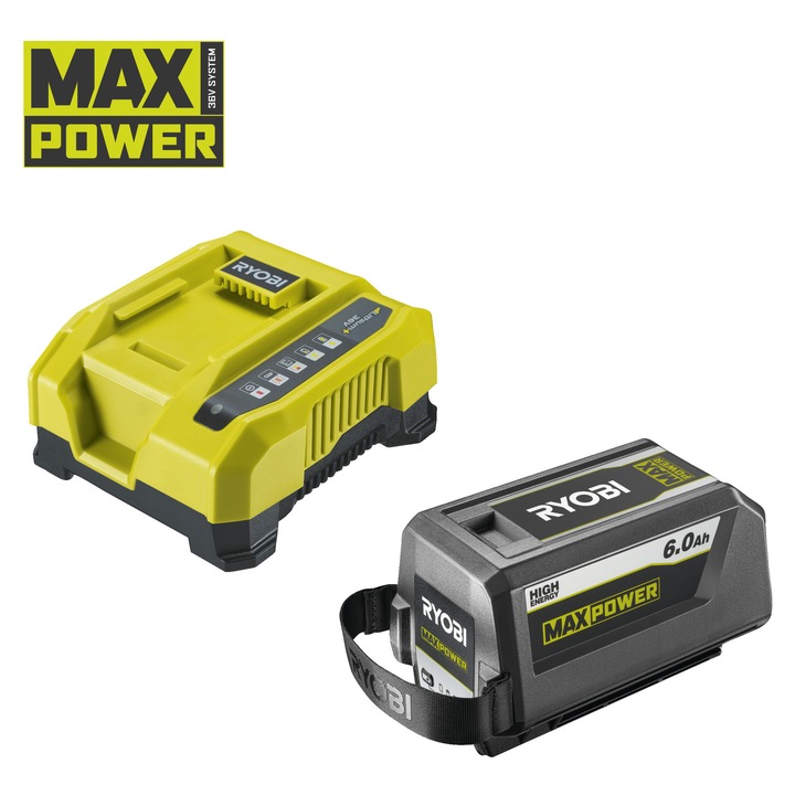Kit de baterii RYOBI MAX POWER 6, 0Ah cu încărcător rapid, tehnologie IntelliCell, transport ușor