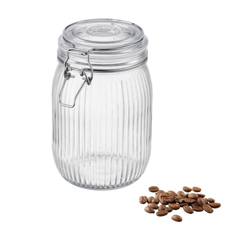 Pachet de 2 recipiente din sticla LINO, 950 ml, capac sticla, clema metalica, garnitura din silicon, transparent