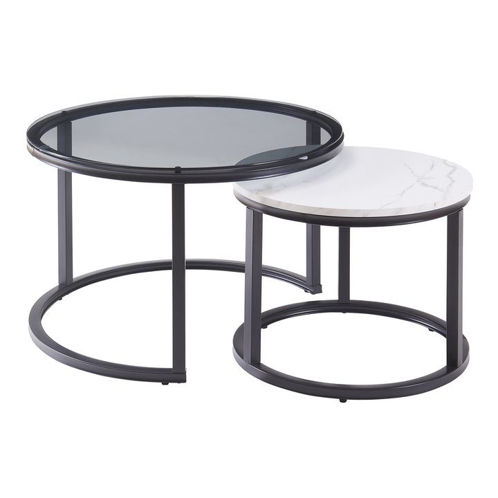 Set 2 masute cafea, en.casa, Kokkola, 42, 5 x 70 cm, sticla, mdf, otel, fumuriu, alb marmorat, negru