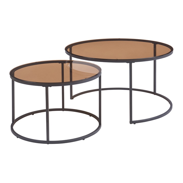 Set 2 masute cafea, en.casa, Kokkola, 45 x 80 cm, sticla, mdf, otel, maro, negru