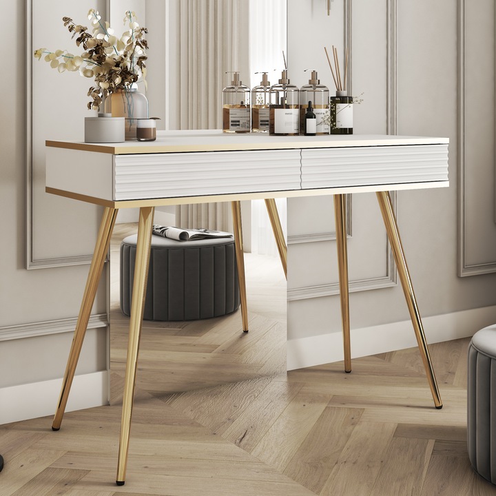 Masă de toaletă Komodee Banff, 100 cm, 2 sertare, crem, 80x102x50 cm