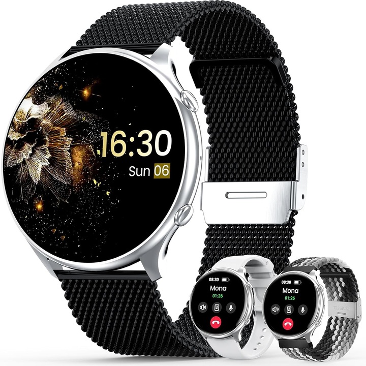 Smartwatch ELFOFLE S51, 1,39'' TFT 360x360, Bluetooth 5.2, set cu bratara metalica si 2 curele, argintiu