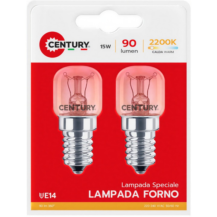 Bec incandescent pentru cuptor E14 15W rezistenta termica, 300°C, SET 2 becuri, lumina calda, 2200K, dimabile, 90lm, CENTURY Italia