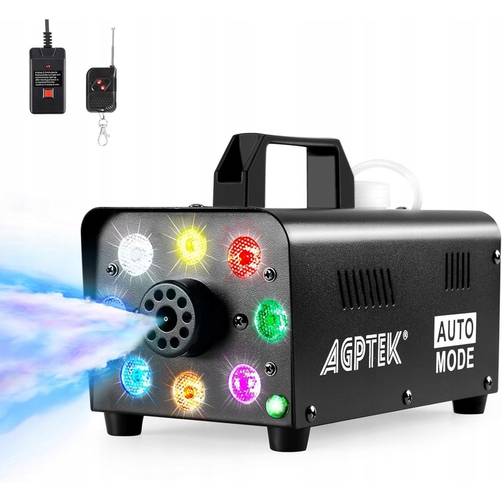 Masina de fum AGPtek, 500W, set cu telecomanda, 300ml, RGB, 13 culori