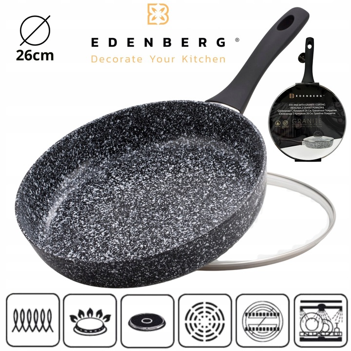 Edenberg gránit serpenyő 26cm üvegfedővel, könnyen tisztítható, ergonomikus, márványfehér