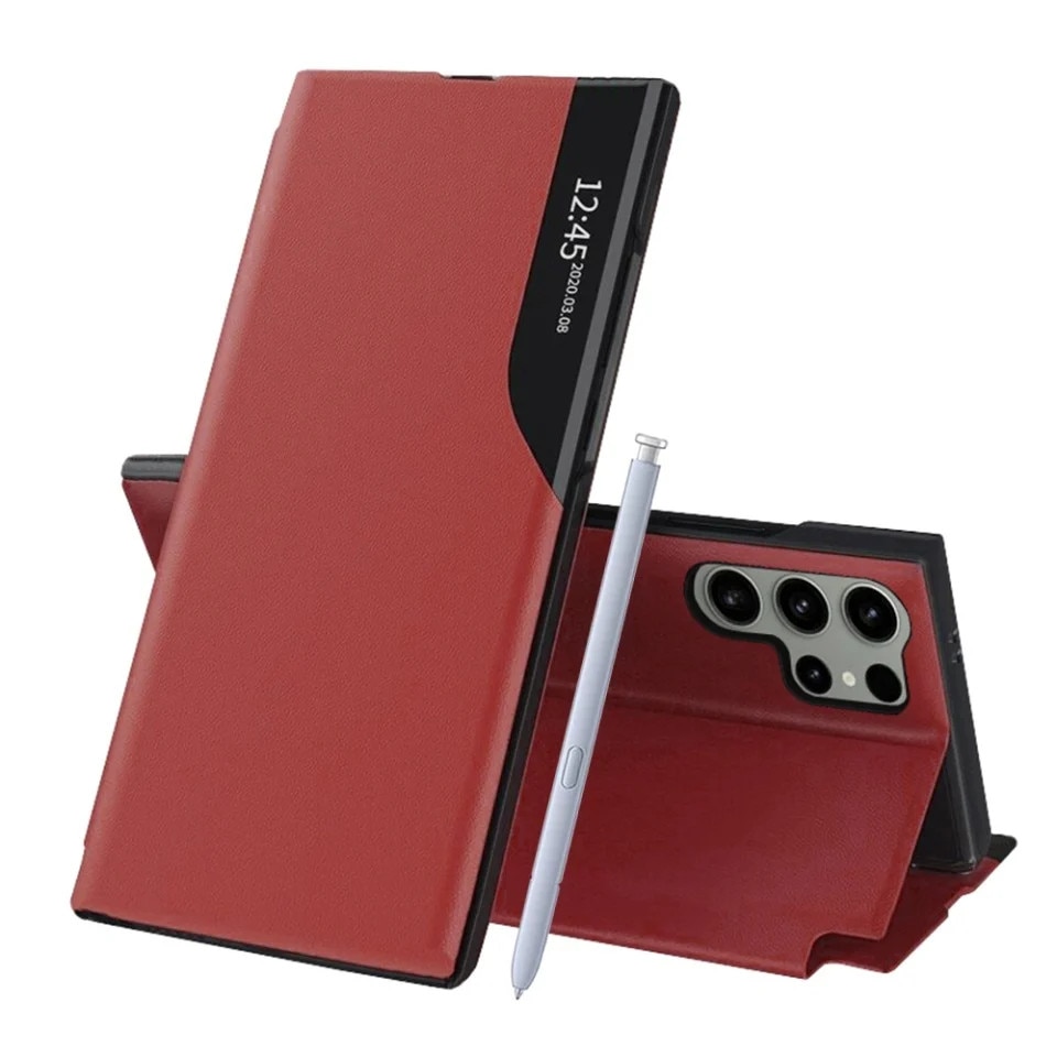 Husa pentru Samsung Galaxy S25 Ultra, SKYDDAR INNOVATION, eFold, tip carte, set cu sticker, Rosu