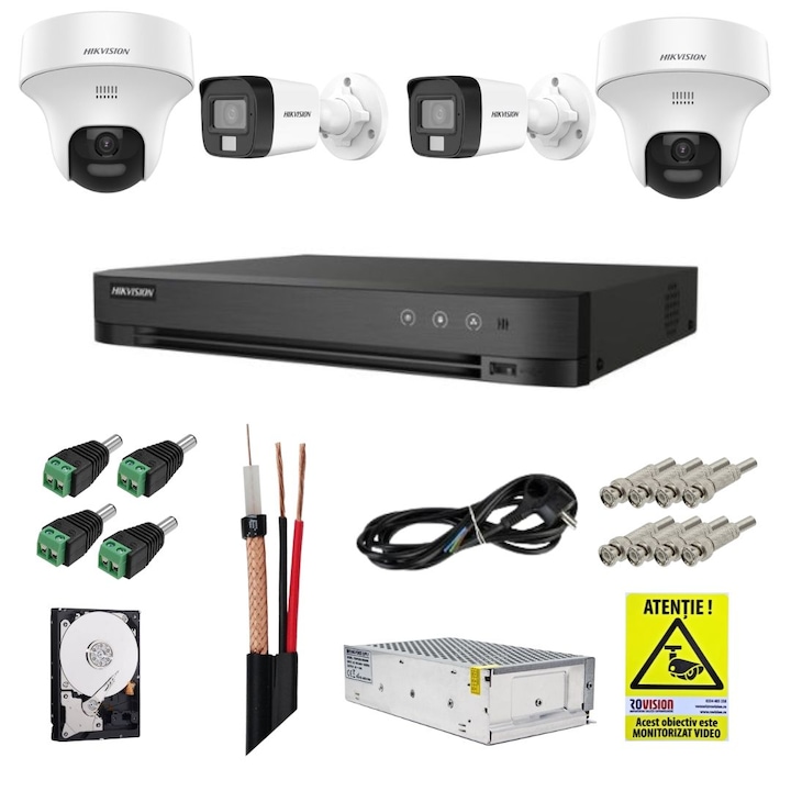 Kit supraveghere IP Hikvision 8 camere 2MP IR 30m PoE Lentila 2.8mm, NVR 8 canale 6MP PoE, accesorii montaj, HDD 2TB + Autocolant Rovision