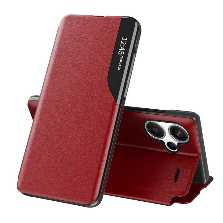 Husa pentru Xiaomi Redmi Note 13 Pro+ 5G, SKYDDAR INNOVATION, eFold, tip carte, set cu sticker, Rosu