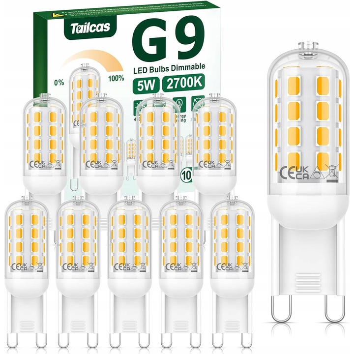 Set 12 becuri LED Tailcas G9 5W 500lm alb rece, dimabil, 15,5x51mm