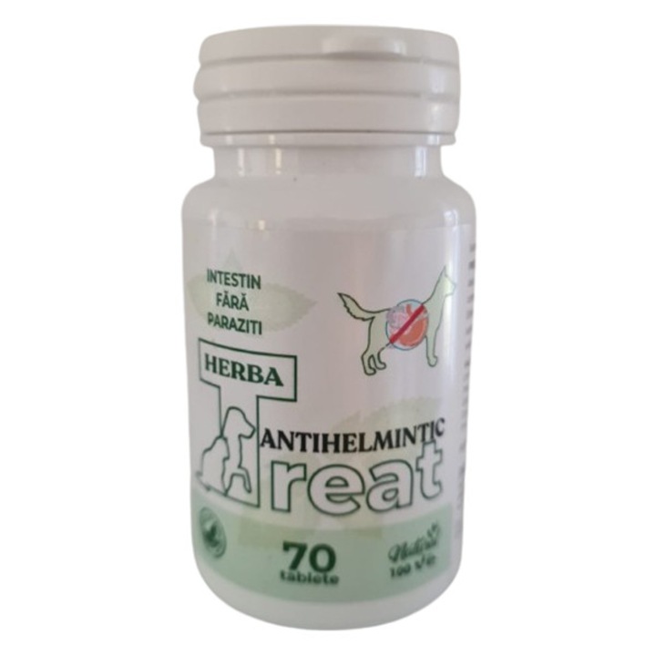 Supliment nutritiv pentru caini si pisici 100% Natural Herba Treat Antihelmintic, 70 Tbl, extracte de plante, sanatatea digestiva, hepatoprotectoare