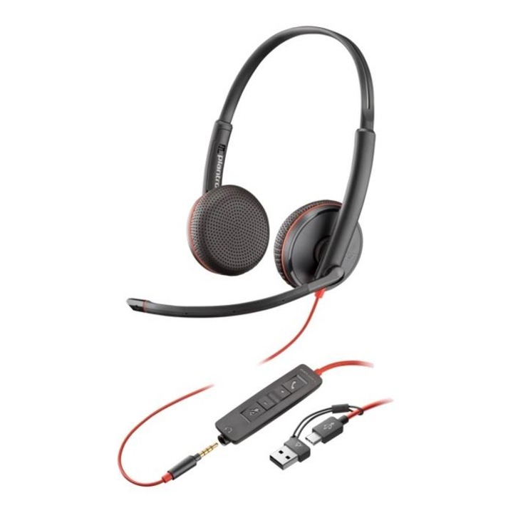 Casti PC Poly Blackwire 3225, stereo, USB-C + 3,5mm jack + adaptor USB-C/A, negru, 155x32x178mm