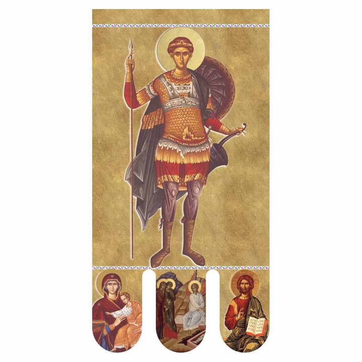 Icoana steag bisericesc, prapor liturgic 130 x 68 cm Sfantul Dumitru cu Invierea Domnului PRLI-SFDIN-M