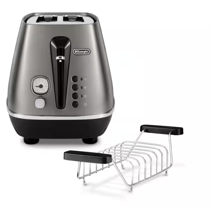 De'Longhi Distinta CTIN2103.TB kenyérpirító, 900 W, 2 szeletes, Kiolvasztás funkció, Bagel gombok, Morzsatálca Titán