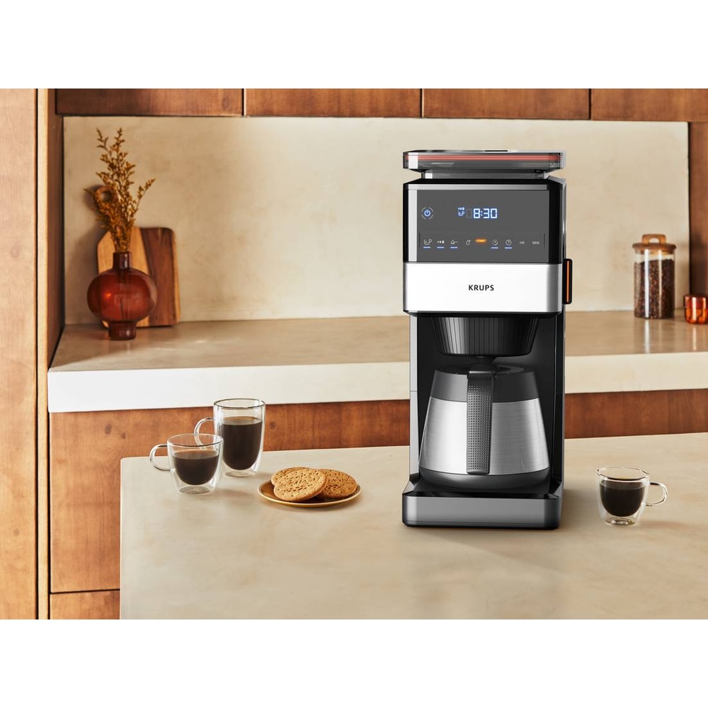 Cafetiera Krups KT 8428 Grind Aroma XL Thermo, 1000 W, 1.25 l, Rasnita cu 3 setari, Display LED, Mentinere la cald 240 minute, 15 cesti Negru/Inox