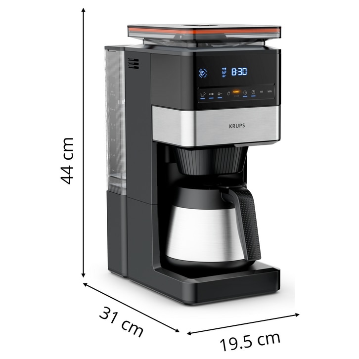 Cafetiera Krups KT 8428 Grind Aroma XL Thermo, 1000 W, 1.25 l, Rasnita cu 3 setari, Display LED, Mentinere la cald 240 minute, 15 cesti Negru/Inox