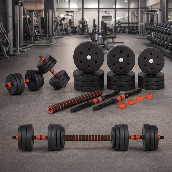 Set Gantere Reglabile idealSTORE 2x10kg, Transformabile in Bara cu Greutati, Discuri Ajustabile, Manere Antiderapante, Sistem Sigur de Prindere, Ideal pentru Antrenament Acasa, Home Gym