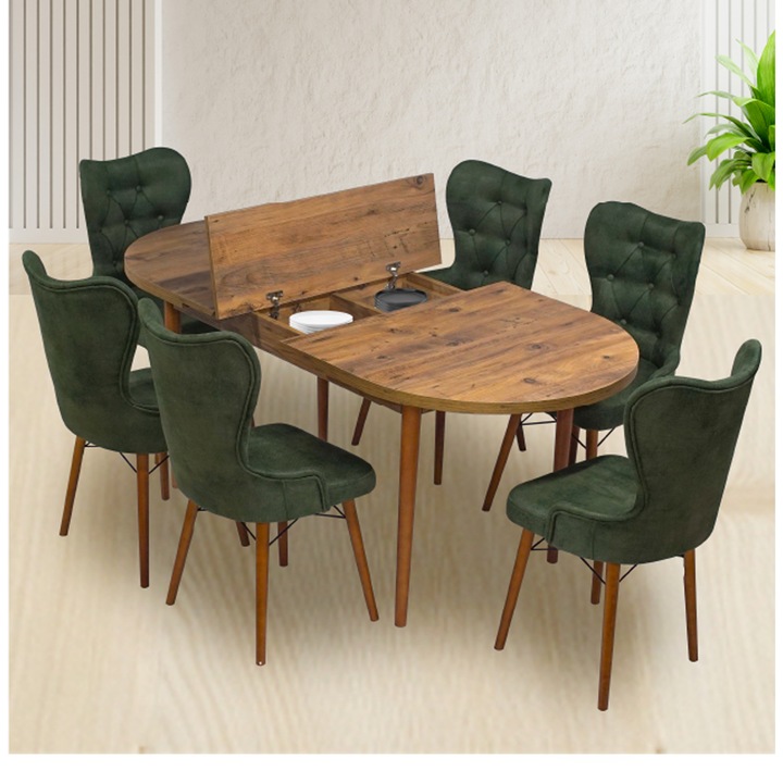 Set Masa si Scaun Oval, Elegant, Bucatarie, Living, Cafenea, Masa Extensibila si Recipient de Depozitare Pine 80 x 130-170 cm, VerdeTextile -Desire Furniture
