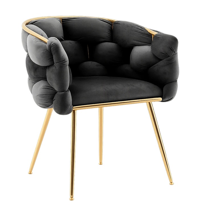 Set 2 Scaune, Topscaune, Catifea Neagră, Cadru Metalic Auriu, 46x42x79cm