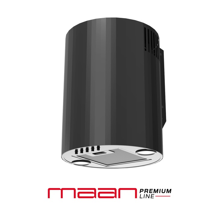 Декоративен стенен абсорбатор MAAN Elba Mini 3D WPB 431, 3D тръбен тип камина, 31 см, черен, абсорбираща мощност 380 м³/ч, турбина SIT, 3 скорости, ниво на шум 48–68 dB, LED осветление 2x3W, отвеждане/рециркулация, метален филтър