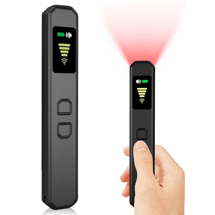 Детектор за шпионски устройства, SDLOGAL, Професионален безжичен детектор, Открива скрити камери, шпионски микрофони, GPS, диктофони, Обхват на сигнала 10м, Преносим, Антишпионски, Регулируема чувствителност на 4 нива, Черен