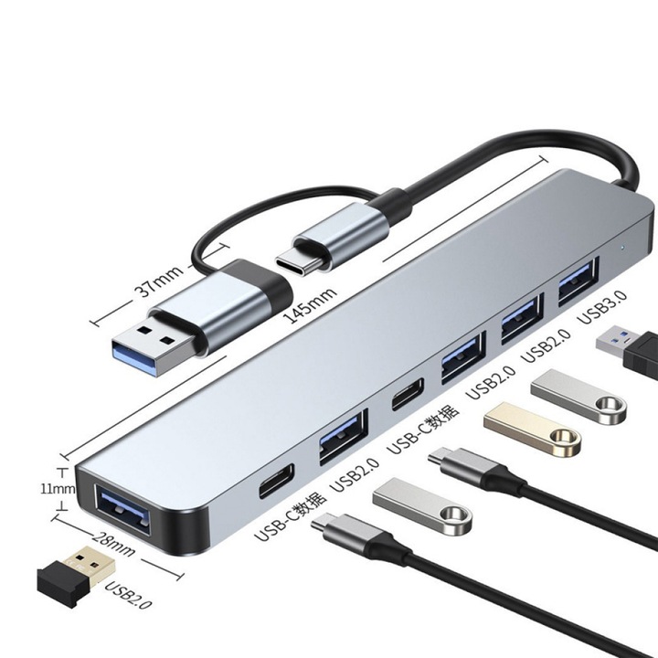 HUB USB/USB-C 7-in-2, conectivitate extinsa - USB 3.0 5Gbps, 4*USB2.0 si 2*USB-C - pentru Laptop, Tableta si Alte Dispozitive USB-C