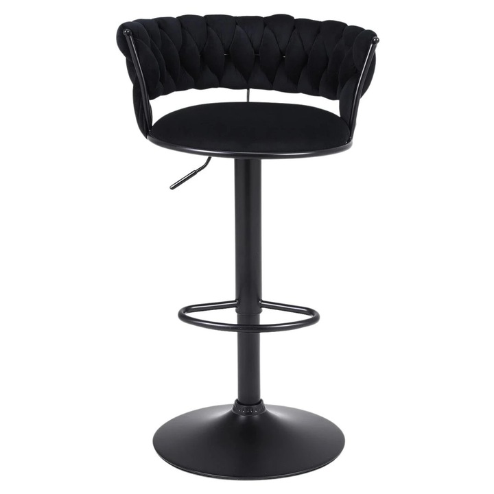 Set 2 Scaune Bar, TOPSCAUNE®, Scaune Rotative Cu Inaltime Reglabila, Tapiterie Din Catifea Fina, Baza Metalica Solida Cu Suport Pentru Picioare, Design Elegant Si Confortabil Pentru Bucatarie, Insula Sau Living, Culoare Negru