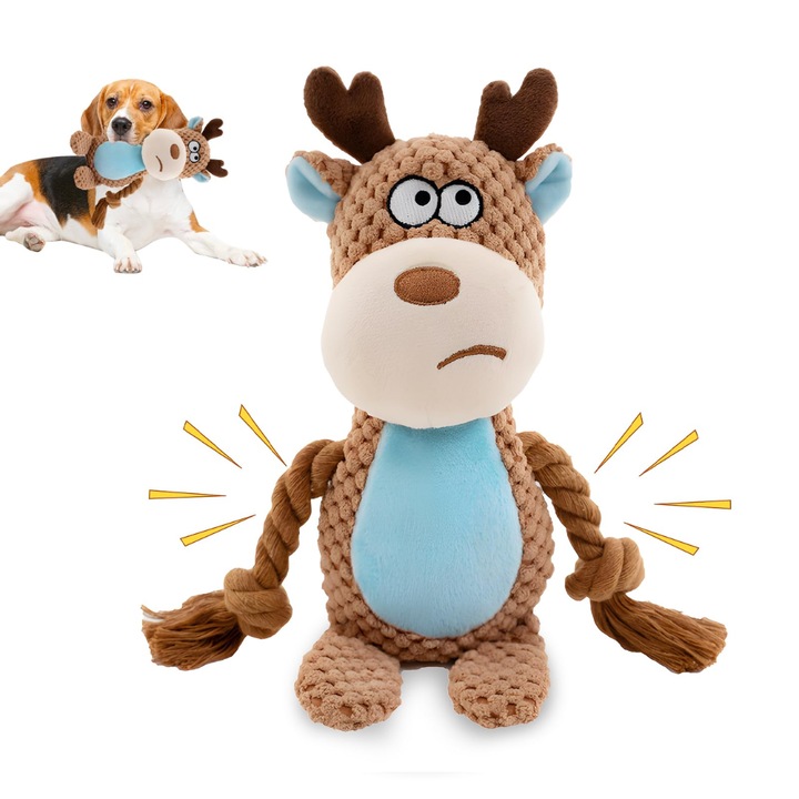 Interaktív játék kutyáknak, plüss rénszarvas és kötél, rágásálló, barna, 30cm