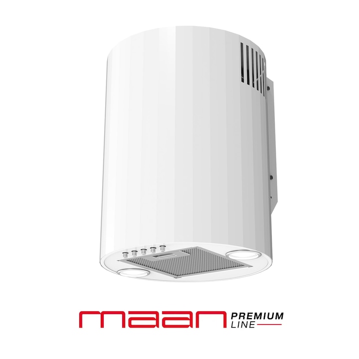 Декоративен стенен абсорбатор MAAN Elba Mini 3D WPB 431, тръбен тип 3D камина, 31 см, матово бял, абсорбираща мощност 380 m³/h, турбина SIT, 3 скорости, ниво на шум 48–68 dB, LED осветление 2x3W, отвеждане/рециркулация, метален филтър