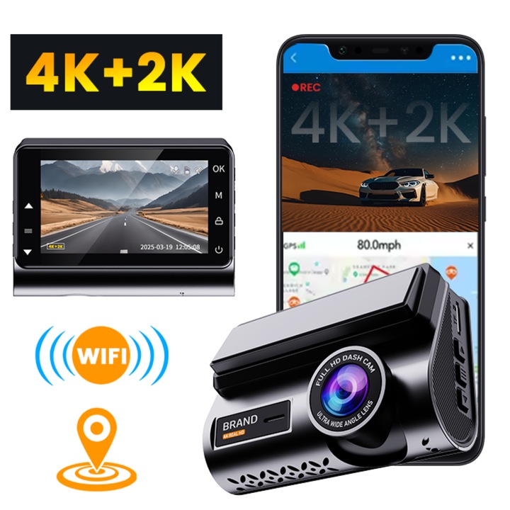 Kettős fedélzeti kamera, 4K elöl + 2K hátul, Empionics®, H002, integrált GPS, WiFi, 3" IPS képernyő, 170°-os látószög, éjjellátó, WDR, G-szenzor, 24/7 felügyelet, parkolási mód, fekete