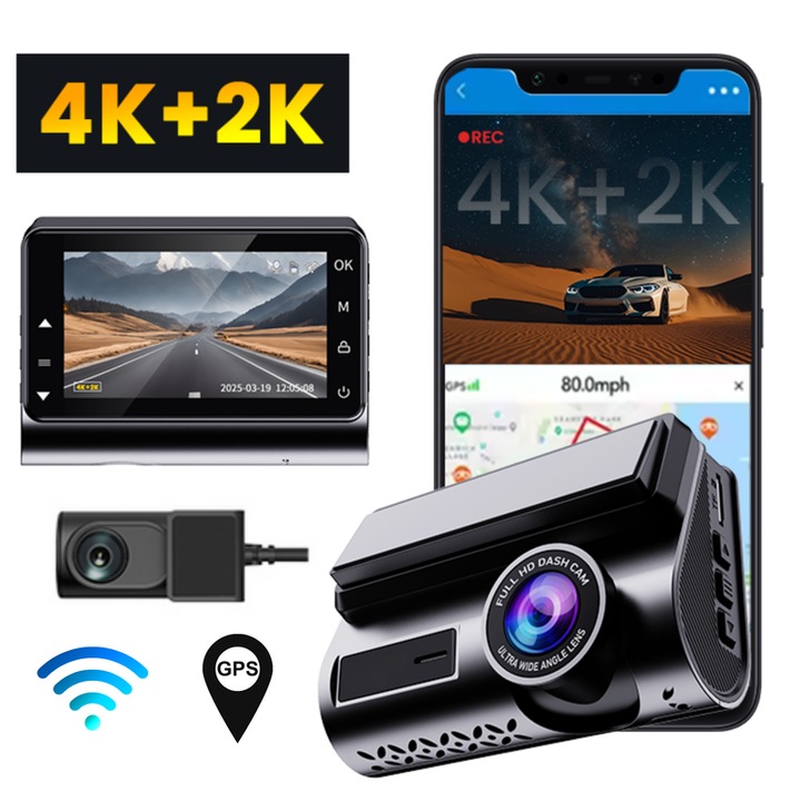 Camera De Bord dubla, 4K Fata + 2K Spate, Empionics®, H002, GPS Integrat, WiFi, Ecran IPS 3", Unghi 170°, Night Vision, WDR, G-Sensor, Monitorizare 24/7, Modul Parcare, Negru