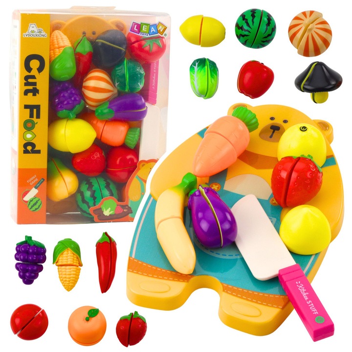 Set de joaca fructe si legume, LEAN Toys, tabla de taiat in forma de urs si cutit sigur, 19x26x7cm