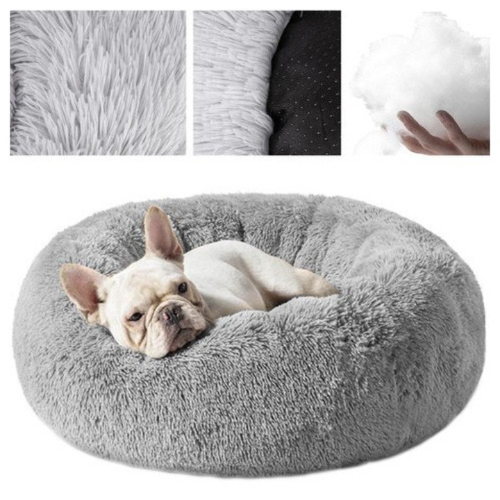 Pat pufos pentru caine / pisica, Purlov ROTUND, 60cm, GRI, poliester + bumbac, anti-alunecare si confort termic