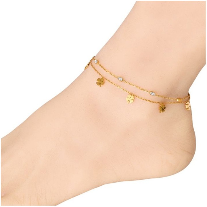 Bratara pe glezna Trusky, aurie, cu flori de trifoi, zirconii, lungime reglabila 22x26cm